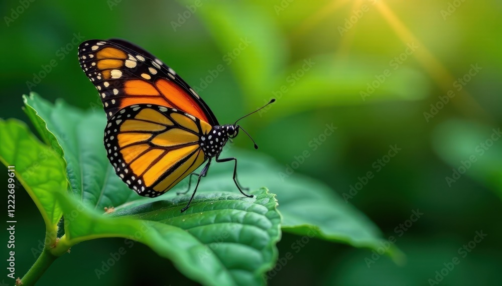 Beautiful monarch butterfly perched on a leaf,, nature, green Beautiful monarch butterfly perched on a leaf,, nature, green