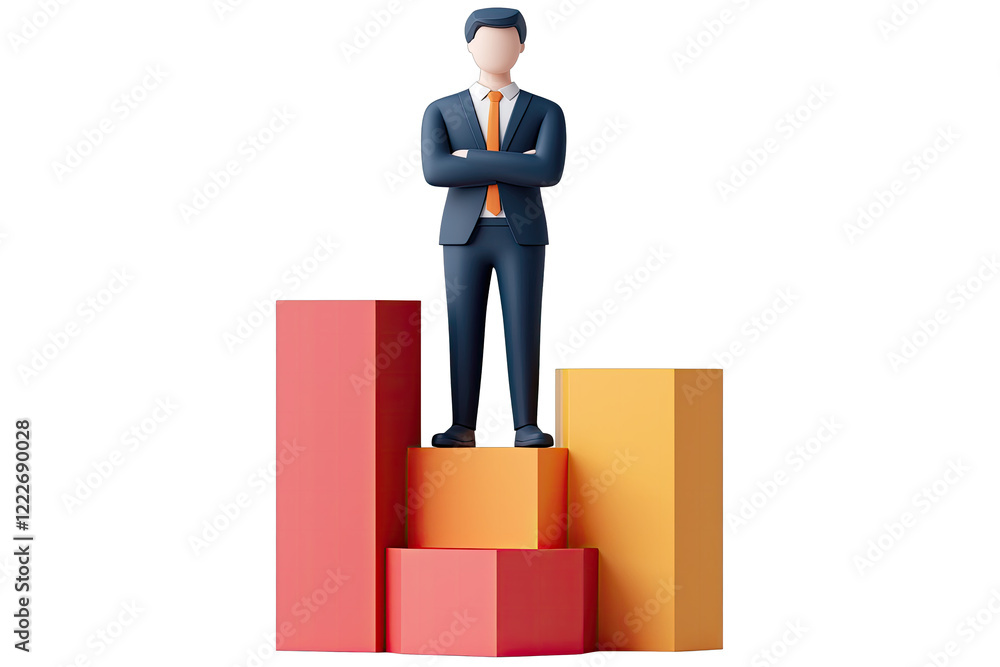 Concentration study concept. A confident business professional standing atop colorful growth bars representing success. Concentration study concept. A confident business professional standing atop colorful growth bars representing success.