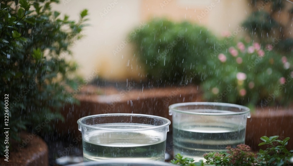 A lush green setting with transparent containers of collected rainwater, accented by a soft bokeh effect, showcases sustainable gardening practices. A lush green setting with transparent containers of collected rainwater, accented by a soft bokeh effect, showcases sustainable gardening practices.
