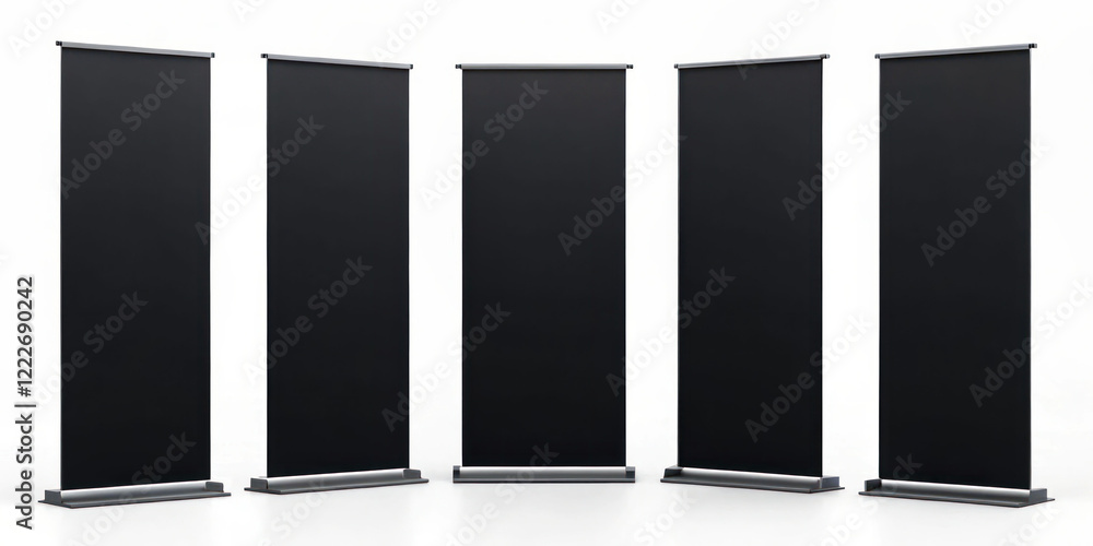 Set of five blank roll-up banners for promotional display and advertising mockup Set of five blank roll-up banners for promotional display and advertising mockup