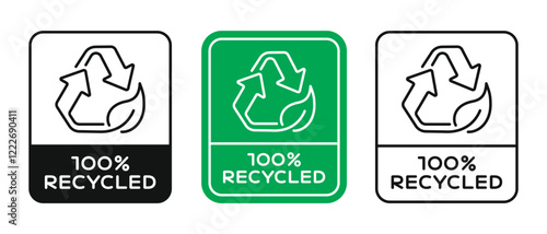 100% Recycled Badge Logo Sign. Eco Frindly Recycle Icon with Leaf Vector Design.