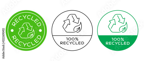 100% Recycled Icon Badge Sign. Eco Friendly Logo Label Vector Design.