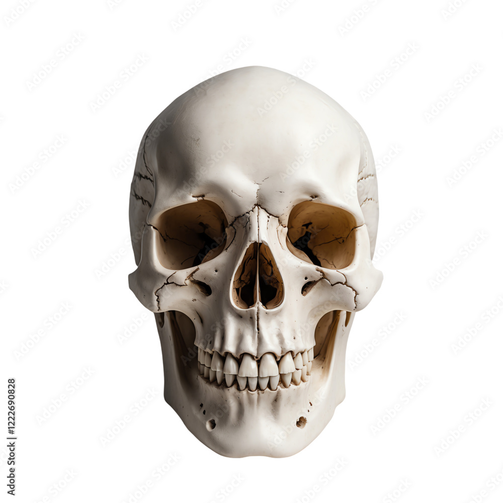 Obraz premium Skull with Cracks and Teeth Isolated on Transparent Background.
