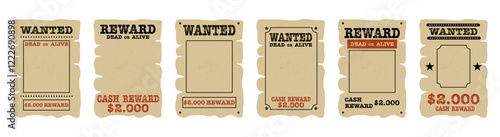 Set of ancient wanted reward scroll on a white background
