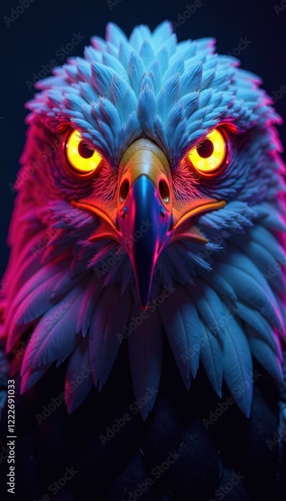 Fototapeta premium Close-up of a neon eagle's face with big, glowing eyes and vibrant plumage, fantasy, avian
