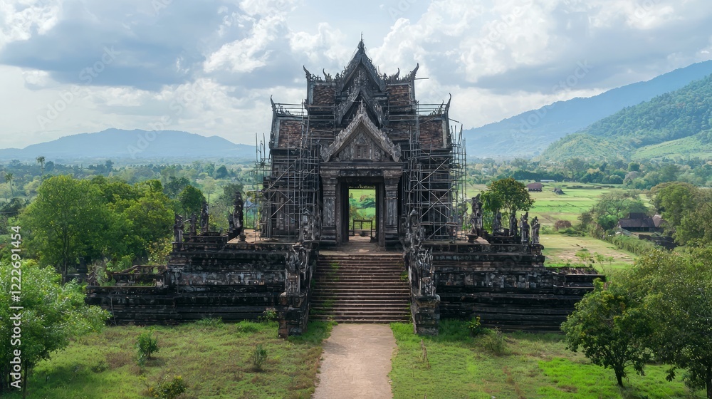 Unfinished Thai Temple with Scaffolding and Orchard View: Cinematic Image of Intricate Architecture in Progress Unfinished Thai Temple with Scaffolding and Orchard View: Cinematic Image of Intricate Architecture in Progress