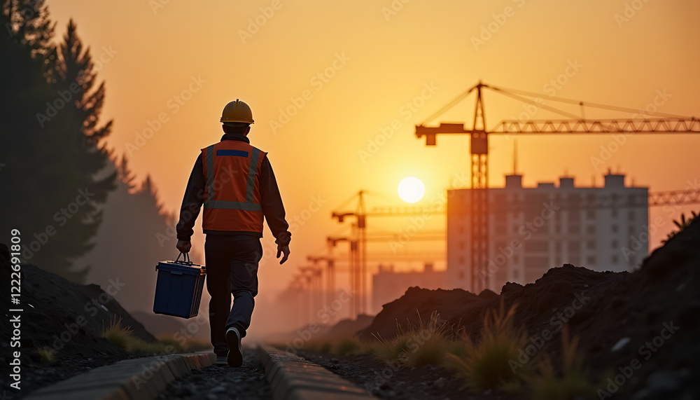Construction worker walking with tools at sunset near towering cranes in a developing city Construction worker walking with tools at sunset near towering cranes in a developing city