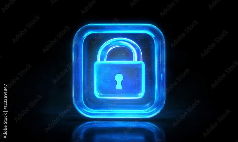 digital padlock icon glowing in neon blue against dark background, symbolizing security and protection in corporate network. vibrant colors evoke sense of modern technology and safety digital padlock icon glowing in neon blue against dark background, symbolizing security and protection in corporate network. vibrant colors evoke sense of modern technology and safety