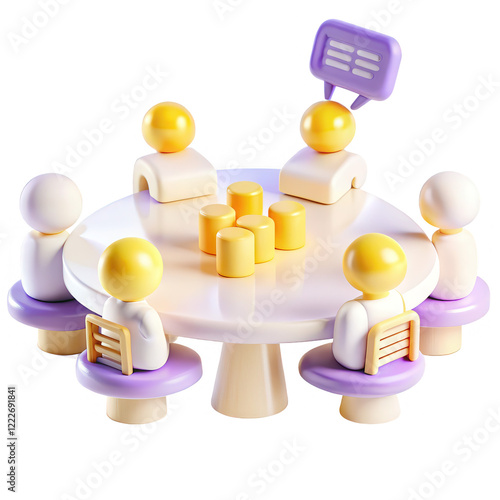 This image features a group of cartoon-style characters sitting around a round table, engaging in a discussion. The characters have yellow heads and white bodies.