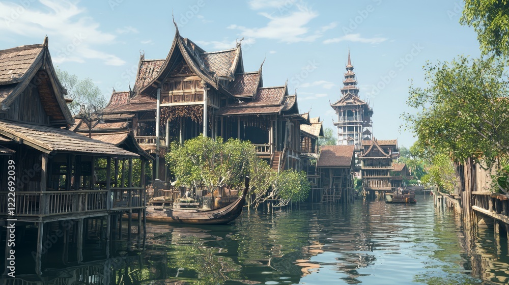 Serene Rustic Floating House with Elaborate Thai Towers and Orchard Reflections on Canal - Ultra-Detailed Cinematic Image Serene Rustic Floating House with Elaborate Thai Towers and Orchard Reflections on Canal - Ultra-Detailed Cinematic Image