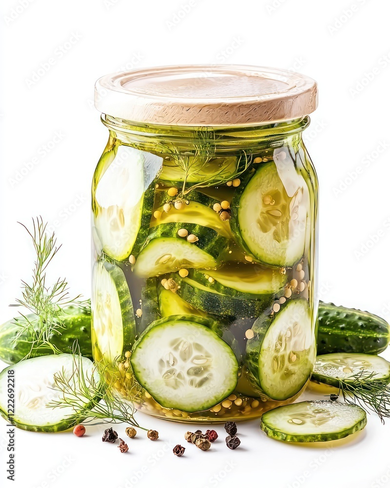 A jar of pickled cucumbers with slices and spices, showcasing a homemade preservation method. A jar of pickled cucumbers with slices and spices, showcasing a homemade preservation method.