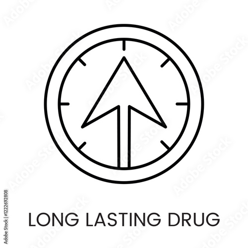 An arrow through clock icon in vector, symbolizing sustained drug efficacy over time, with an editable stroke