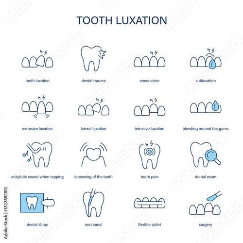 Tooth Luxation symptoms, diagnostic and treatment vector icon set. Medical icons.