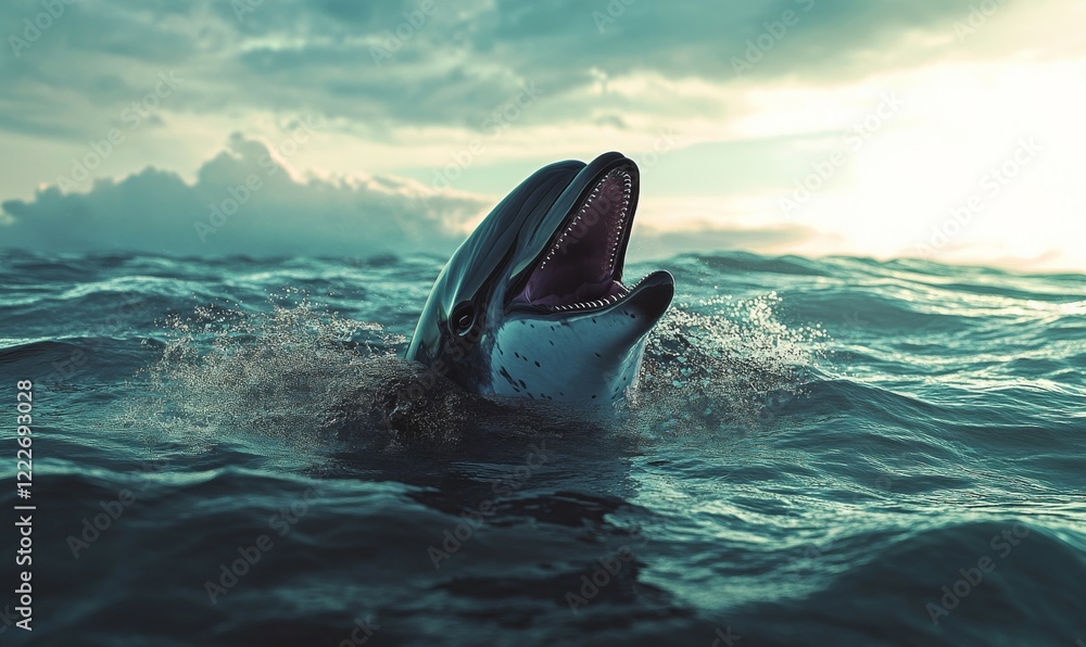 Fototapeta premium Dolphin is swimming in the ocean with its mouth open, making a loud noise. Concept of freedom and joy, as the dolphin is enjoying its time in the water