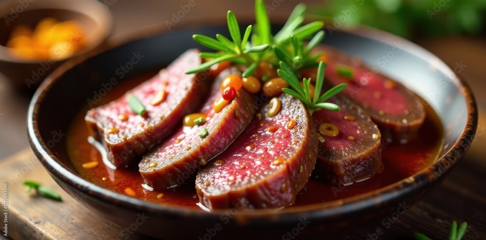 Colorful sauerbraten slices in a bowl with rosemary and spicy sauce, meat, sauce Colorful sauerbraten slices in a bowl with rosemary and spicy sauce, meat, sauce