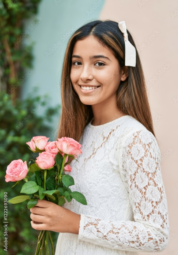 Young Hispanic girl holding pink roses in lace dress outdoors,coquette vibe Young Hispanic girl holding pink roses in lace dress outdoors,coquette vibe