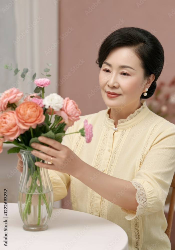 Mature Asian woman arranging pink and white flowers in a vase indoors Mature Asian woman arranging pink and white flowers in a vase indoors