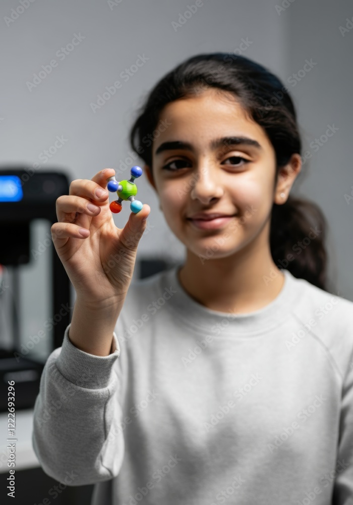 Middle-Eastern girl in her early teens holds up a small 3D-printed model of a molecule. Middle-Eastern girl in her early teens holds up a small 3D-printed model of a molecule.