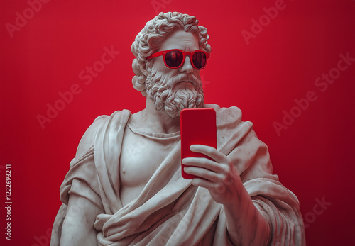 Greek statue with smartphone against red background.