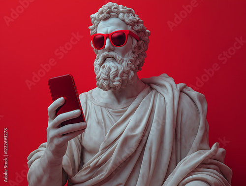 Greek statue with smartphone against red background.