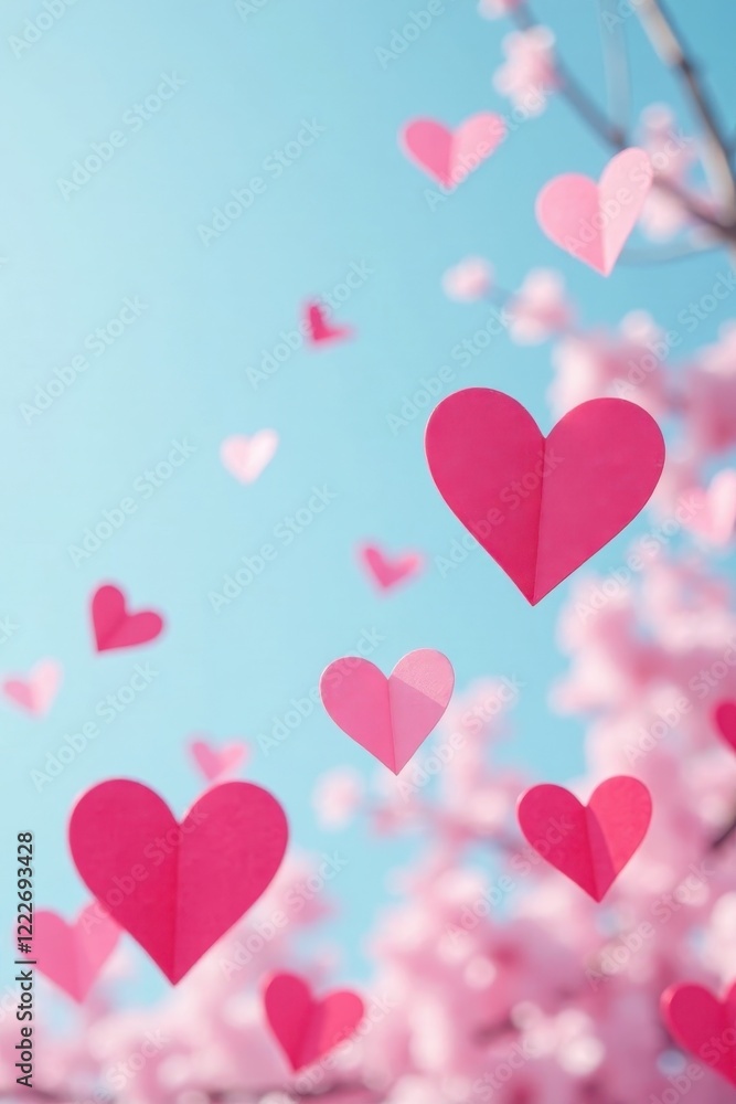 Confetti hearts in soft pink and red hues floating in mid-air against a light blue sky , confetti hearts, sky Confetti hearts in soft pink and red hues floating in mid-air against a light blue sky , confetti hearts, sky