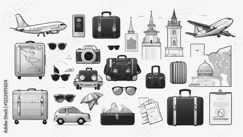 Vintage travel essentials: suitcases, passports, maps, and more.Art & Illustration