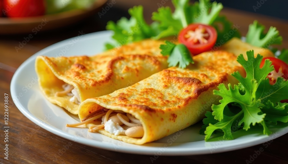 Crispy Banh Xeo crepe with bean sprouts and lettuce on a plate, banh xeo, Asian cuisine Crispy Banh Xeo crepe with bean sprouts and lettuce on a plate, banh xeo, Asian cuisine