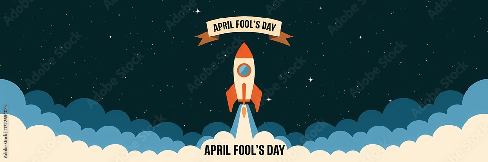 Fototapeta premium A creative minimalist April Fool's Day poster design with a space theme. There's a rocket ship with a banner that says 