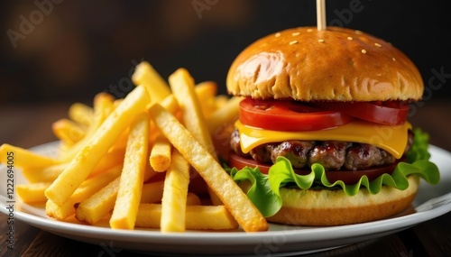 Crispy golden french fries served alongside juicy burger, hot, french fries photo