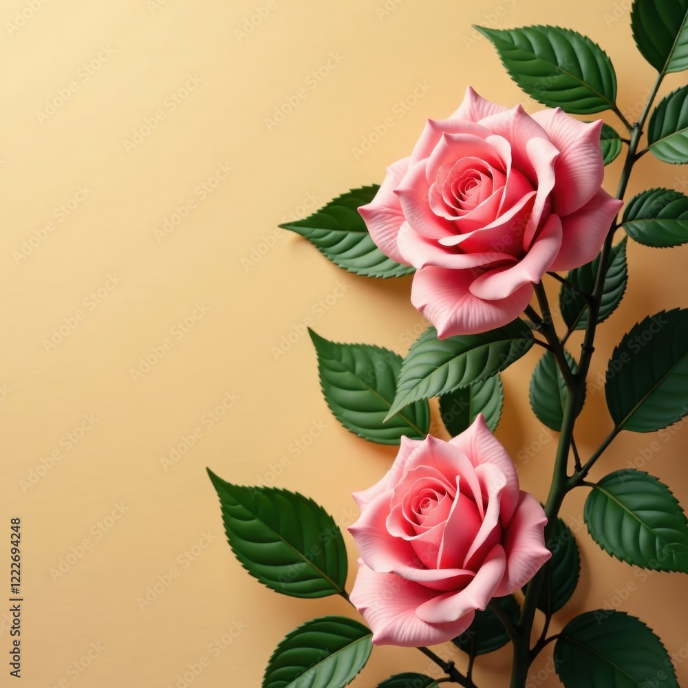 Fototapeta premium Dainty rose petals intertwined with lush green leaves against a warm beige background , botanical, beige