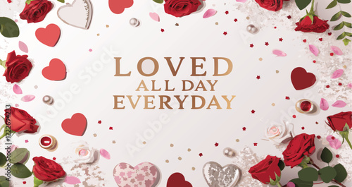 Craft a unique 'Loved All Day Everyday' design with a blend of modern elegance and romantic charm. Use stylish, paired with soft gradients and realistic textures. Integrate subtle romantic elements.