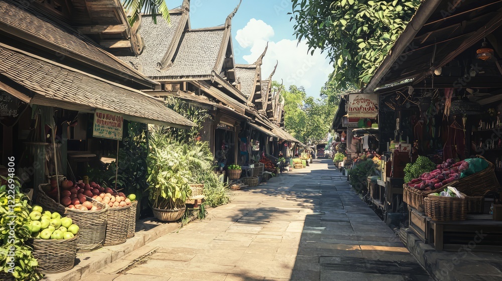 Serene Thai Traditional Market Stalls with Orchards: A Cinematic Glimpse of Authentic Architecture Serene Thai Traditional Market Stalls with Orchards: A Cinematic Glimpse of Authentic Architecture
