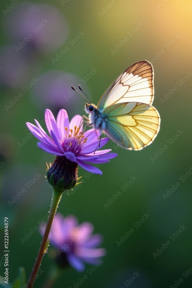 Delicate butterfly perches on a purple violet flower, its wings fluttering softly , butterfly, garden Delicate butterfly perches on a purple violet flower, its wings fluttering softly , butterfly, garden