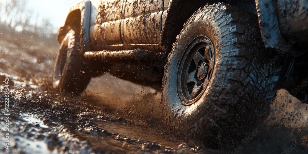 A close-up of a truck tires on a muddy off-road trail A close-up of a truck tires on a muddy off-road trail