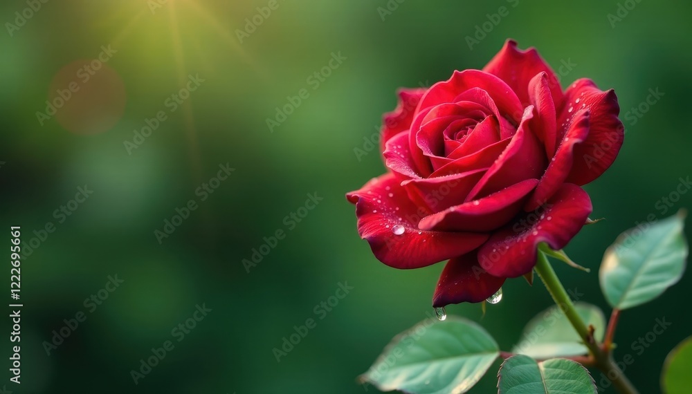 Delicate red rose leaves and stems dripping with morning dew, stem, floral Delicate red rose leaves and stems dripping with morning dew, stem, floral