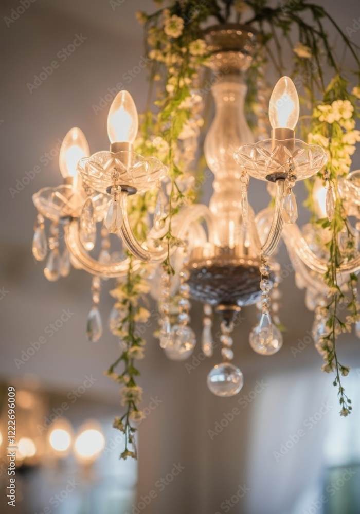 Elegant crystal chandelier with flower garland and lit bulbs in soft light Elegant crystal chandelier with flower garland and lit bulbs in soft light