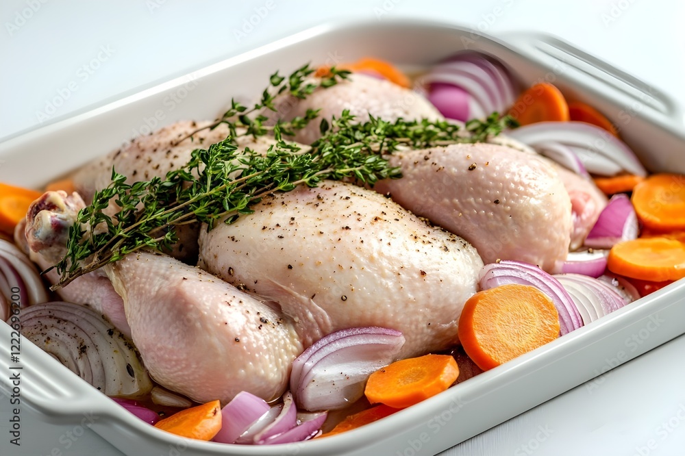 Uncooked chicken marinated in marinade and placed in baking tray Uncooked chicken marinated in marinade and placed in baking tray