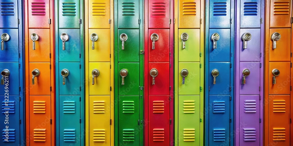 Colorful row of high school lockers with combination locks and old-fashioned keys, educational, school, educational Colorful row of high school lockers with combination locks and old-fashioned keys, educational, school, educational