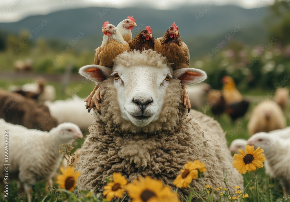 Fototapeta premium A Curious Sheep Surrounded by Playful Chickens in a Lush Green Pasture with Sunflowers and a Scenic Background of Rolling Hills