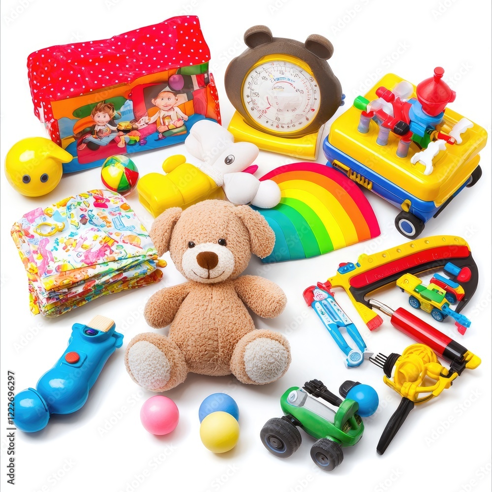 Naklejka premium Colorful toys and plush toys on white background; playtime fun
