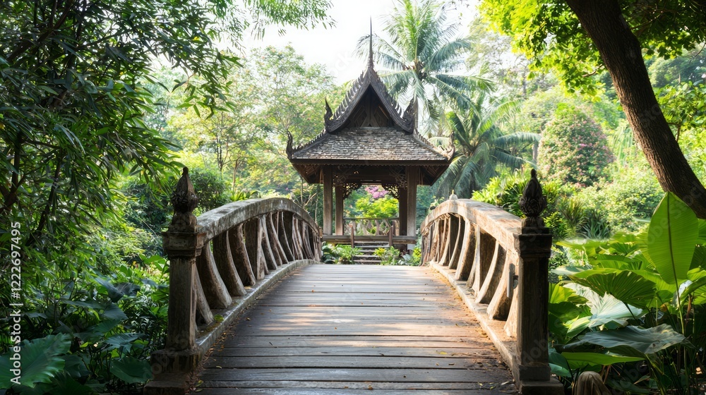 Tranquil Orchid Footbridge and Thai Spirit House with Intricate Architecture in Cinematic Setting Tranquil Orchid Footbridge and Thai Spirit House with Intricate Architecture in Cinematic Setting