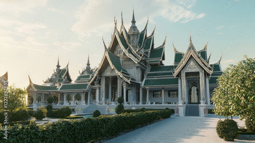 Fototapeta premium Majestic Ancient Thai Fortress Overlooking Lush Orchard - Cinematic Ultra-Detailed Image of Local Heritage
