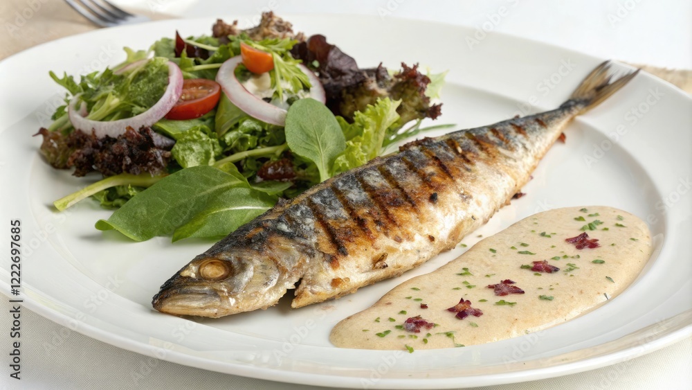 Grilled mackerel with almond sauce and mixed greens salad, culinary art, oceanic dish, fresh ingredients, entree, mixed greens Grilled mackerel with almond sauce and mixed greens salad, culinary art, oceanic dish, fresh ingredients, entree, mixed greens