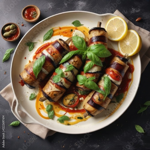 Grilled Eggplant Rollatini with Basil and Lemon , lemon, basil, photo