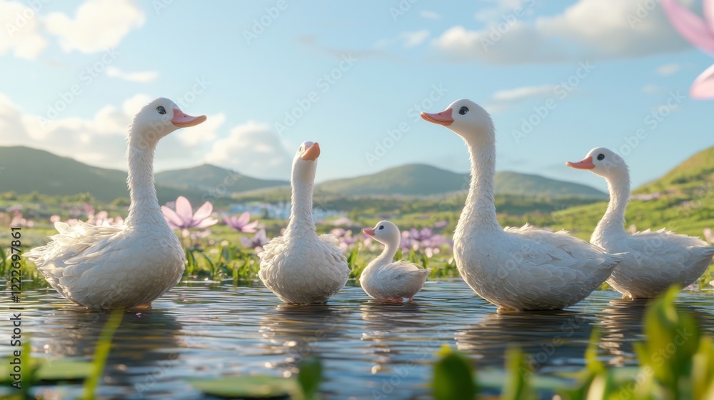 Obraz premium Charming Scene of Cartoon Ducks Swimming Gracefully in a Serene Pond Surrounded by Lush Greenery and Beautiful Flowers