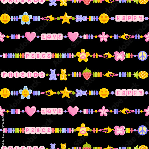 seamless pattern showcasing handmade jewelry, including friendship bracelets and letter beads. It incorporates hippie, emoji, gummy bear, and Y2K styles, perfect for wallpaper, textiles, wrapping