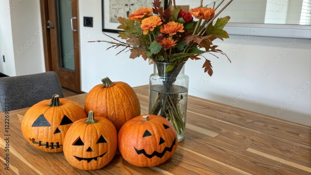 Obraz premium Group of jack O lanterns in a vase on a wooden table, harvest theme, orange and yellow hues, Halloween decoration, gourds