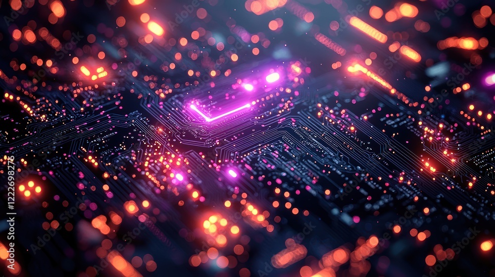 Fototapeta premium Abstract Circuit Board: Neon Glow, Technological Marvel