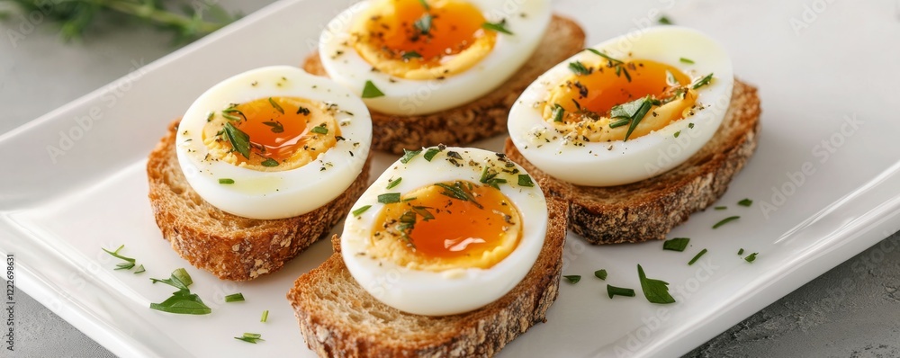 Elegant appetizer made with toasted bread and seasoned boiled eggs garnished with herbs Elegant appetizer made with toasted bread and seasoned boiled eggs garnished with herbs
