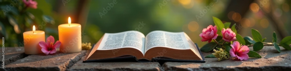 Fototapeta premium An open Bible on a stone table with candles and flowers nearby, landscape, bible